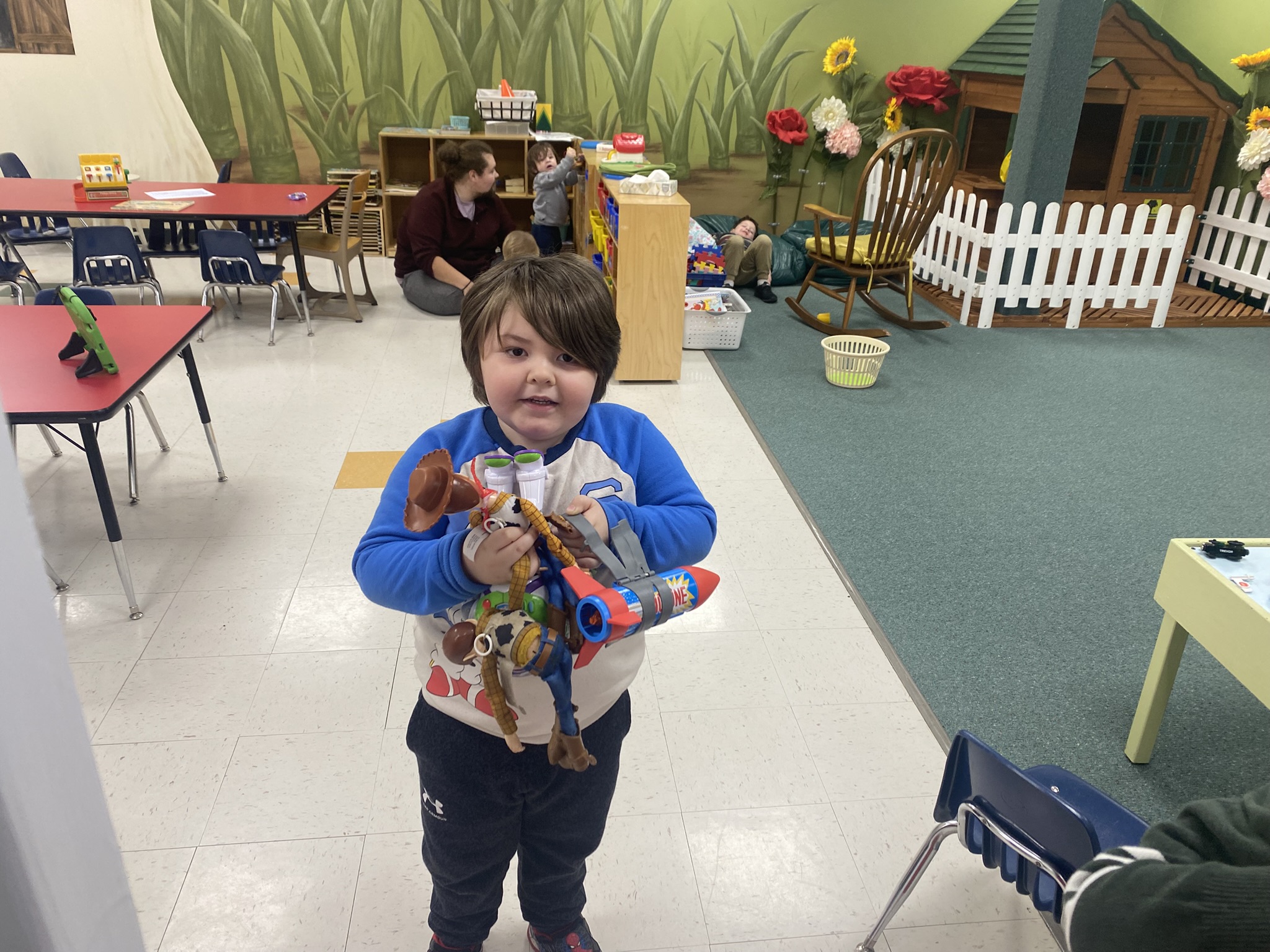 nursery time three men and laughing two women walking side by side